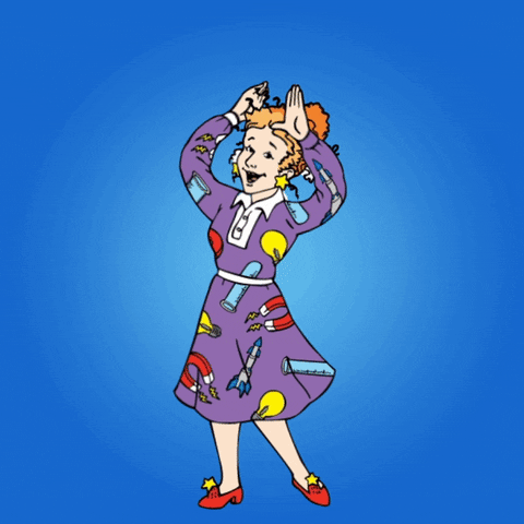A gif of Miss Frizzle from The Magic School Bus presenting the words "Fund Public Education"