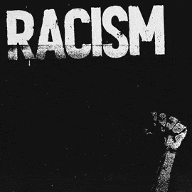 A gif of the words "Racism is a public health crisis" beside a raised fist.