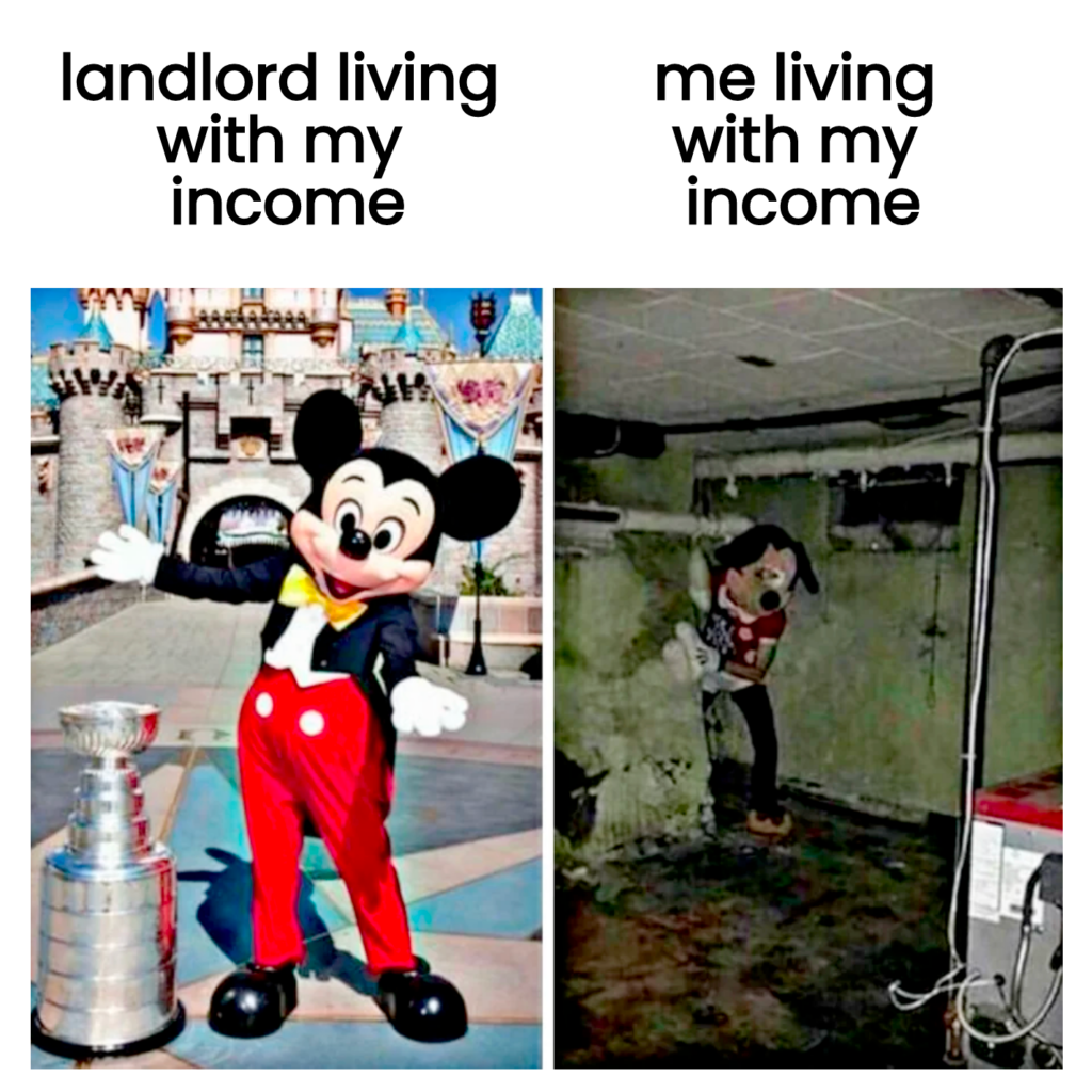 Two juxtaposed images of Mickey Mouse standing before a pristine Disney Castle and Goofy slinking around in a dilapidated basement with the words "landlord living with my income" over the first and "me living with my income" over the second.