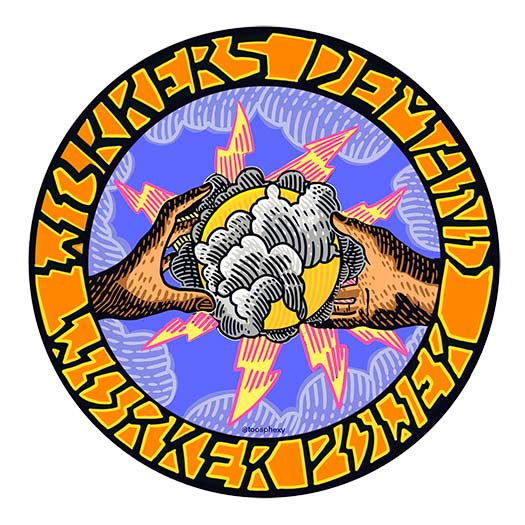 A circular image of hands grabbing a sparking electric cloud with the words "workers demand worker power" surrounding the image.